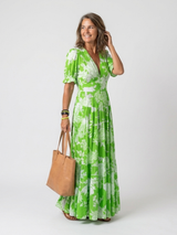 Ione | Short Sleeve V Neck Floral Midi Dress – Green | The Bellemont Sisters Australia