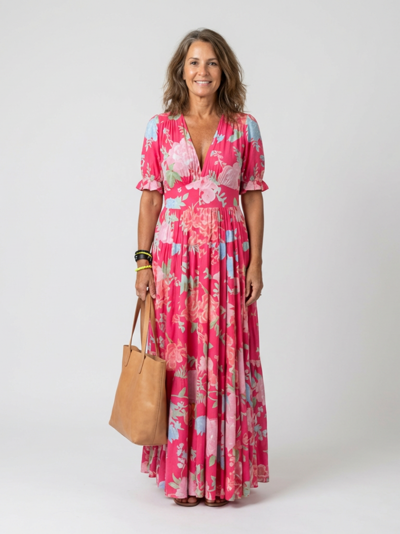 Ione | Short Sleeve V Neck Floral Midi Dress | The Bellemont Sisters Australia