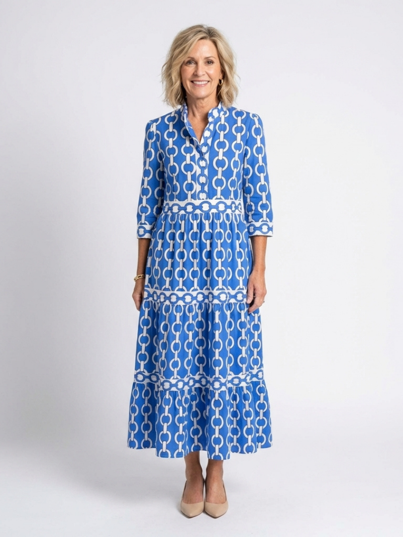 Ysolde | Three Quarter Sleeve Chain Pattern Midi Dress – Blue | The Bellemont Sisters Australia