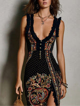 Bohemian-Style Printed Dress with Deep V-Neck and High Slit | The Bellemont Sisters Australia