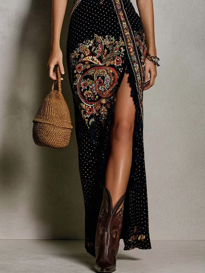 Bohemian-Style Printed Dress with Deep V-Neck and High Slit | The Bellemont Sisters Australia