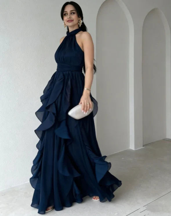 Orea™ High Neck Gathered Ruffle Layers Maxi Dress – Blue | The Bellemont Sisters Australia
