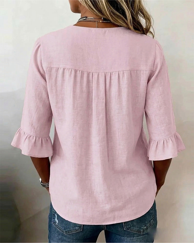 Janet | V-Neck Blouse with Wooden Buttons and Ruffled Sleeves | The Bellemont Sisters Australia