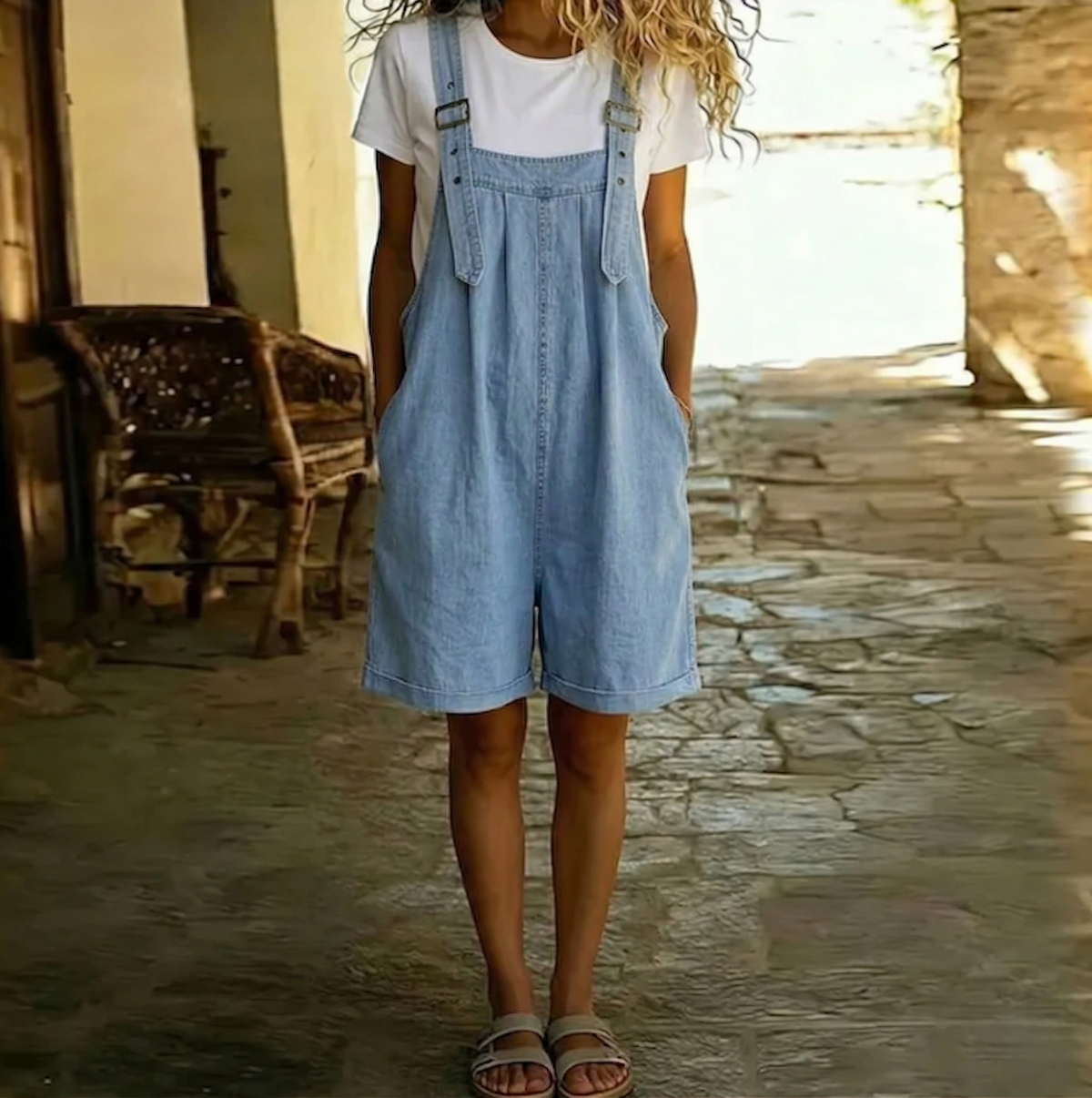 Michelle - Vintage Washed Soft Cotton Feel Denim Short Overall Light blue | The Bellemont Sisters Australia