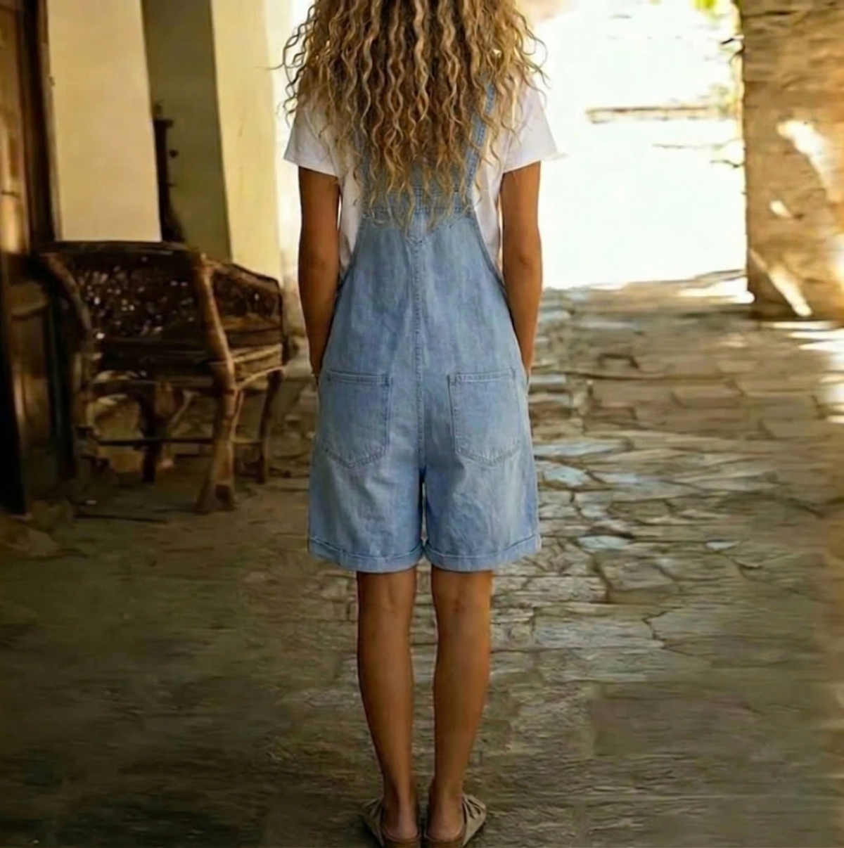 Michelle - Vintage Washed Soft Cotton Feel Denim Short Overall Light blue | The Bellemont Sisters Australia