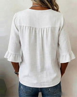 Janet | V-Neck Blouse with Wooden Buttons and Ruffled Sleeves | The Bellemont Sisters Australia