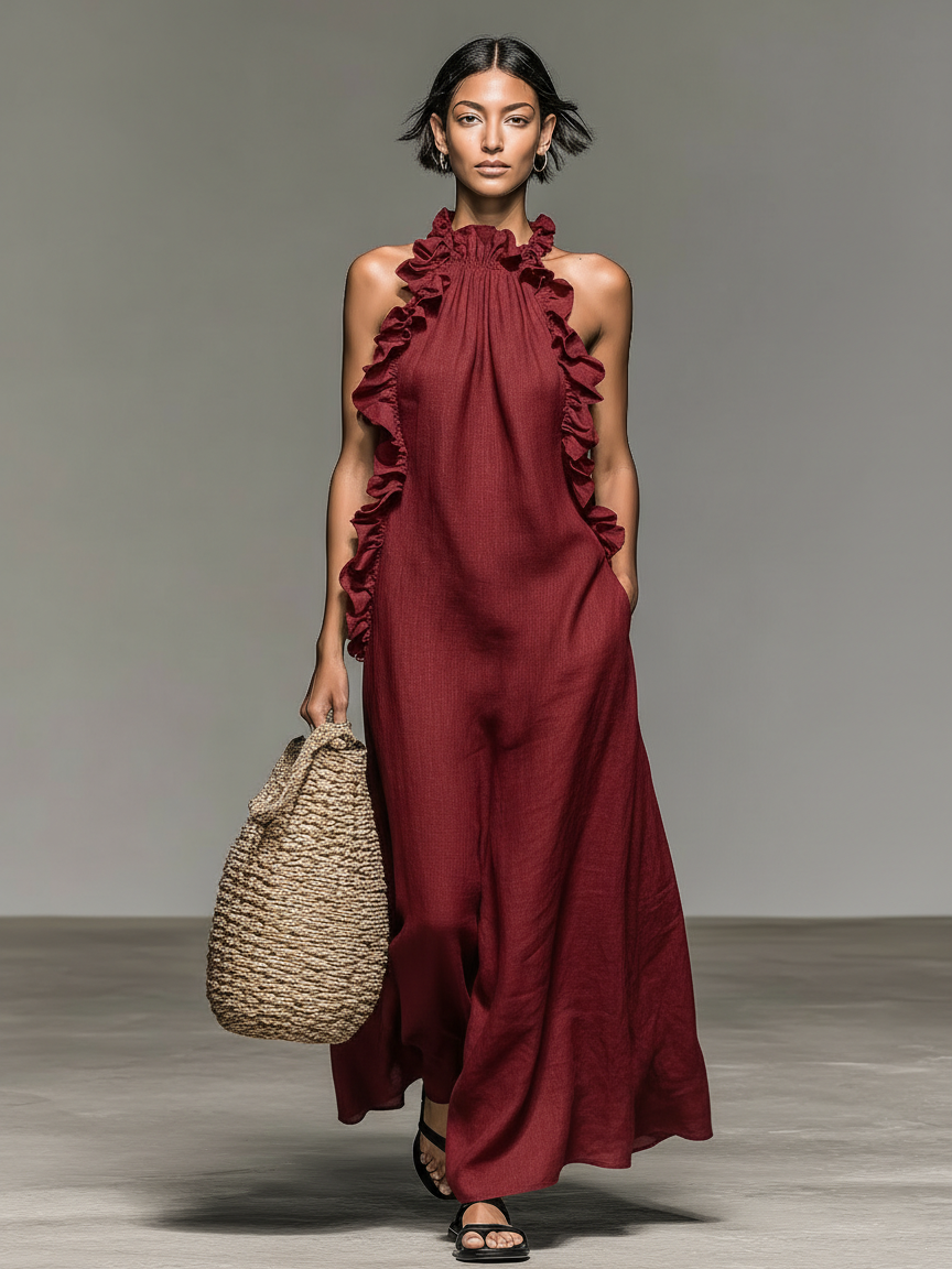 Women's Minimalist Linen-blend Sleeveless Maxi Dress – Red | The Bellemont Sisters Australia
