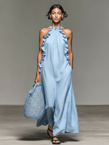 Women's Minimalist Linen-blend Sleeveless Maxi Dress – Light Blue | The Bellemont Sisters Australia