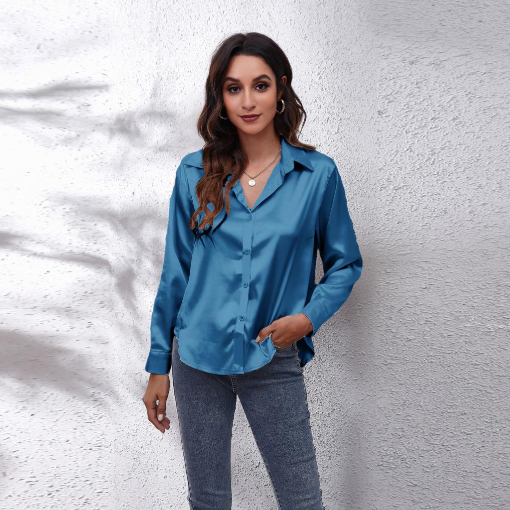 Sydney | Women’s Casual Workwear Loose Fit Satin Blouses – Blue | The Bellemont Sisters Australia