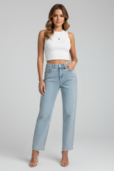 Katherine | Women’s High-Waist Shimmer Straight-Leg Jeans – Blue | The Bellemont Sisters Australia