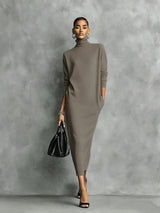Women's Elegant Black Knitted Turtleneck Long-sleeved Loose-fitting  Midi Dress With No Pockets MDA1974L7AN – Khaki brown | T