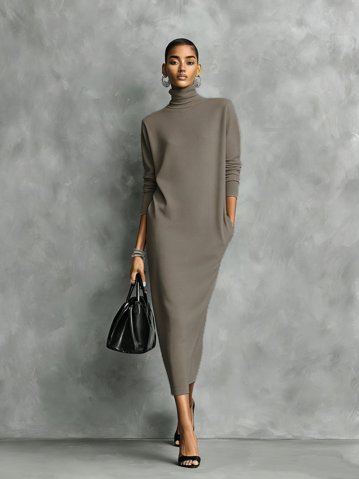 Women's Elegant Black Knitted Turtleneck Long-sleeved Loose-fitting  Midi Dress With No Pockets MDA1974L7AN – Khaki brown | T