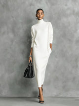 Women's Elegant Black Knitted Turtleneck Long-sleeved Loose-fitting  Midi Dress With No Pockets MDA1974L7AN – White | The Bel