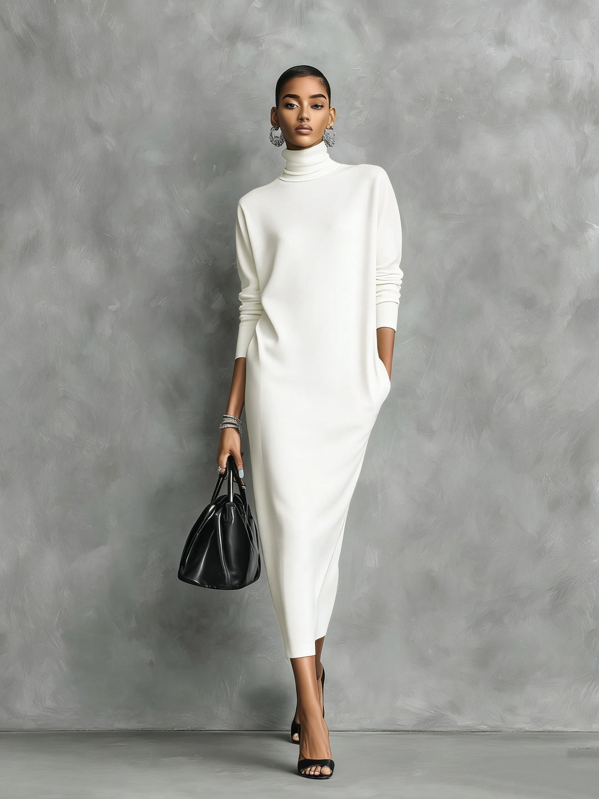 Women's Elegant Black Knitted Turtleneck Long-sleeved Loose-fitting  Midi Dress With No Pockets MDA1974L7AN – White | The Bel