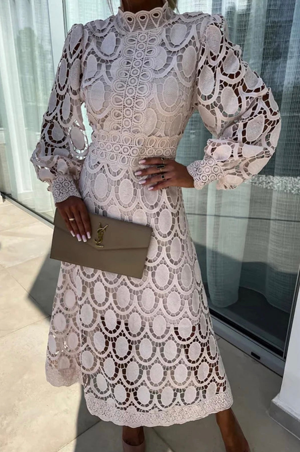 Eloah™ | Elegant Lace Midi Dress – Apricot | The Bellemont Sisters Australia