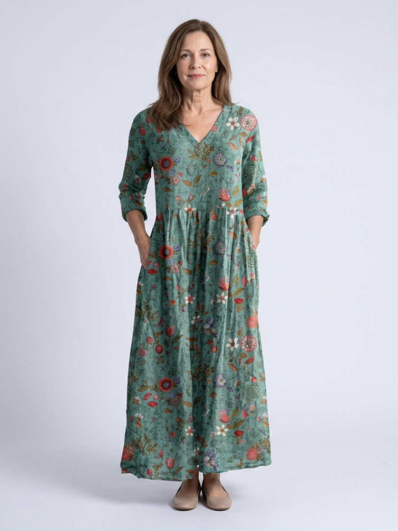 Marina | Floral V Neck Three Quarter Sleeve Maxi Dress – Green | The Bellemont Sisters Australia