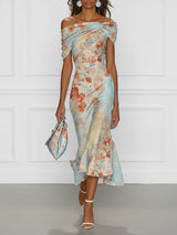 Vittoria - Midi Mermaid Dress Without Sleeves with Off-Shoulder and Blue Floral Pattern – Blue | The Bellemont Sisters Austra