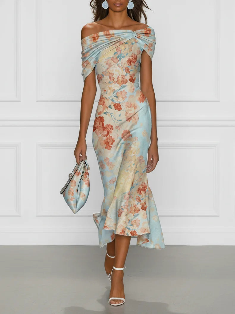 Vittoria - Midi Mermaid Dress Without Sleeves with Off-Shoulder and Blue Floral Pattern – Blue | The Bellemont Sisters Austra