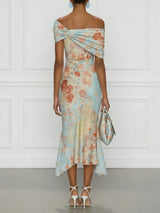 Vittoria - Midi Mermaid Dress Without Sleeves with Off-Shoulder and Blue Floral Pattern | The Bellemont Sisters Australia