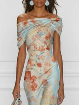 Vittoria - Midi Mermaid Dress Without Sleeves with Off-Shoulder and Blue Floral Pattern | The Bellemont Sisters Australia