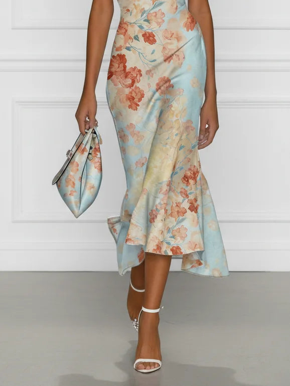 Vittoria - Midi Mermaid Dress Without Sleeves with Off-Shoulder and Blue Floral Pattern | The Bellemont Sisters Australia