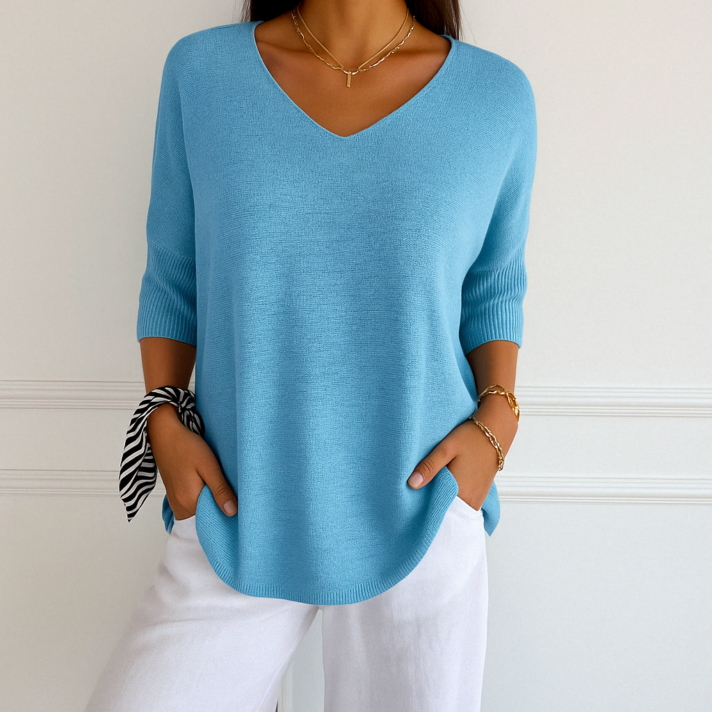 Clara | Women V Neck Short Sleeve Sweater – Light Blue | The Bellemont Sisters Australia