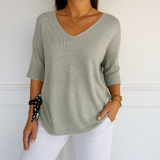 Clara | Women V Neck Short Sleeve Sweater – Light Gray | The Bellemont Sisters Australia