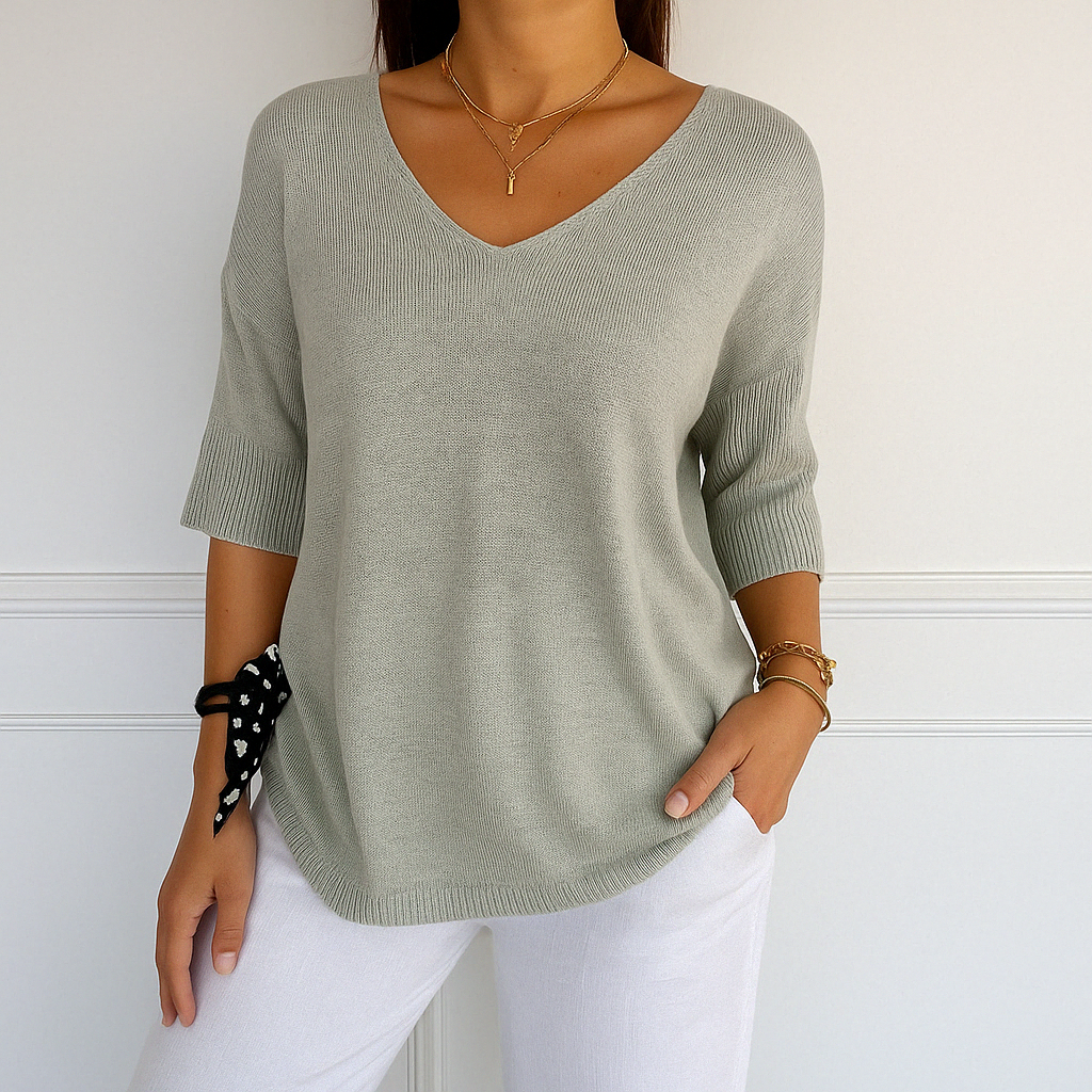 Clara | Women V Neck Short Sleeve Sweater – Light Gray | The Bellemont Sisters Australia