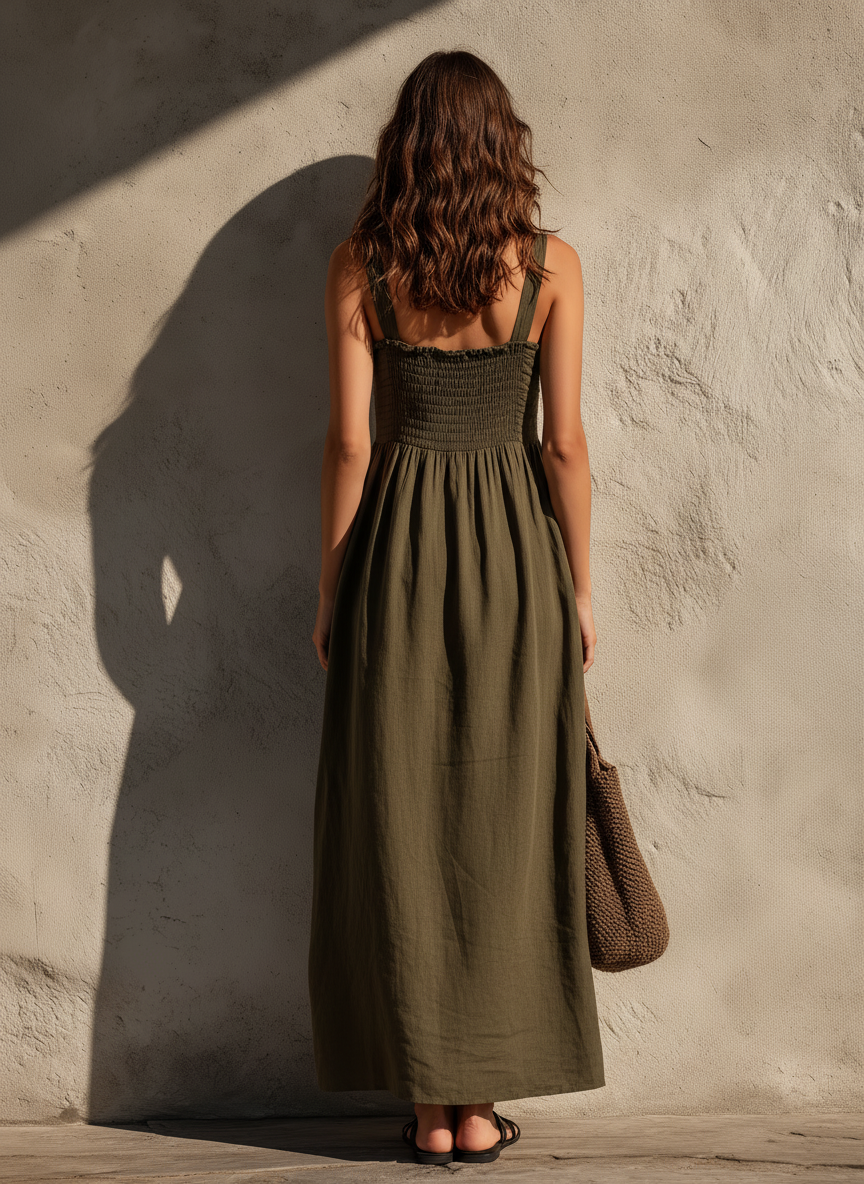 Sarah - Women's Casual Olive Green Cotton-Linen Maxi Dress | The Bellemont Sisters Australia