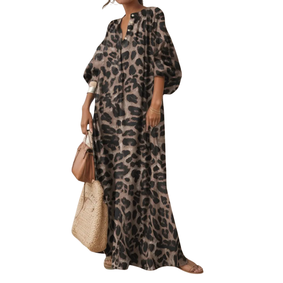 WILDA™ – Boho Puff Sleeve Leopard Maxi Dress – Multicolor1 | The Bellemont Sisters Australia