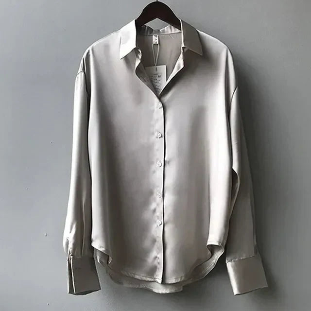 Stella | Women’s Long Sleeve Button Down Satin Blouses – Grey | The Bellemont Sisters Australia