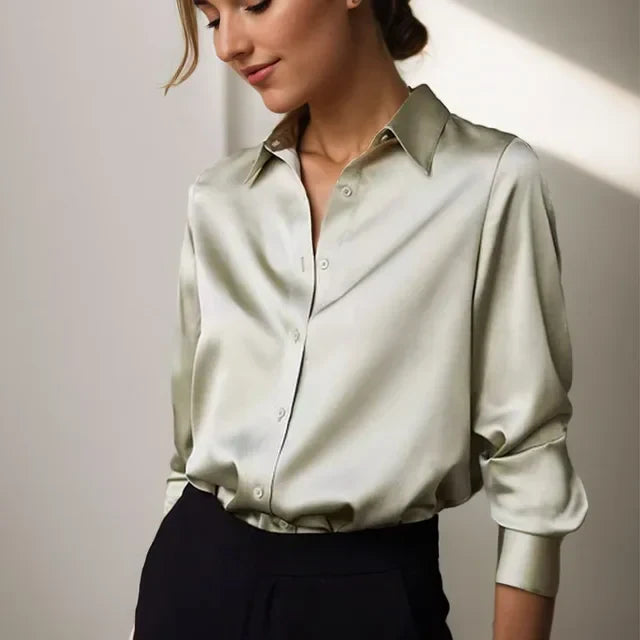 Stella | Women’s Long Sleeve Button Down Satin Blouses – Green | The Bellemont Sisters Australia