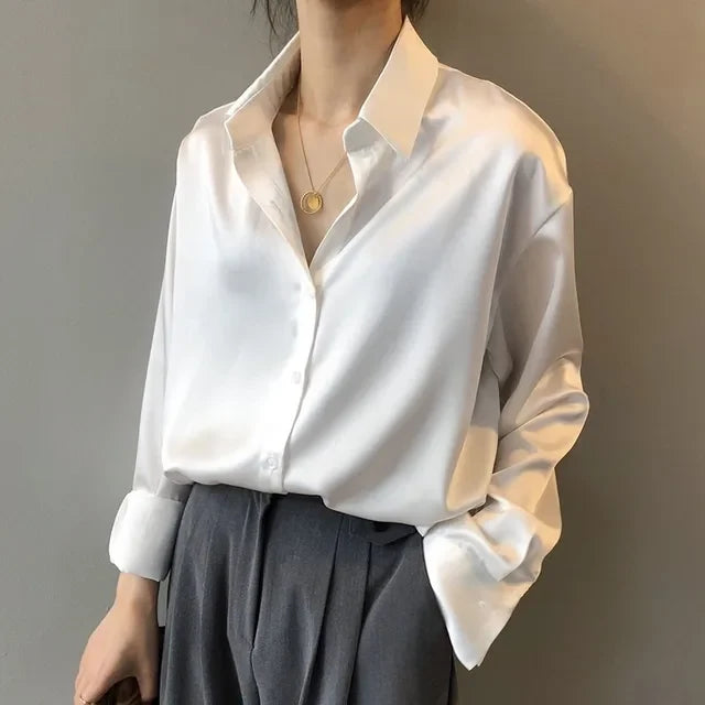 Stella | Women’s Long Sleeve Button Down Satin Blouses – White | The Bellemont Sisters Australia