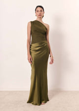 Maya | Women Wedding Guest Dress One-Shoulder Evening Dress – Matcha | The Bellemont Sisters Australia
