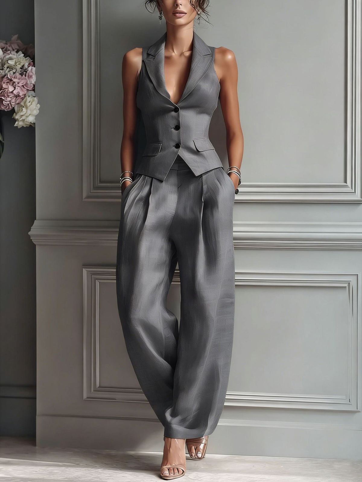 Button-Front Two-Piece Set – Grey | The Bellemont Sisters Australia