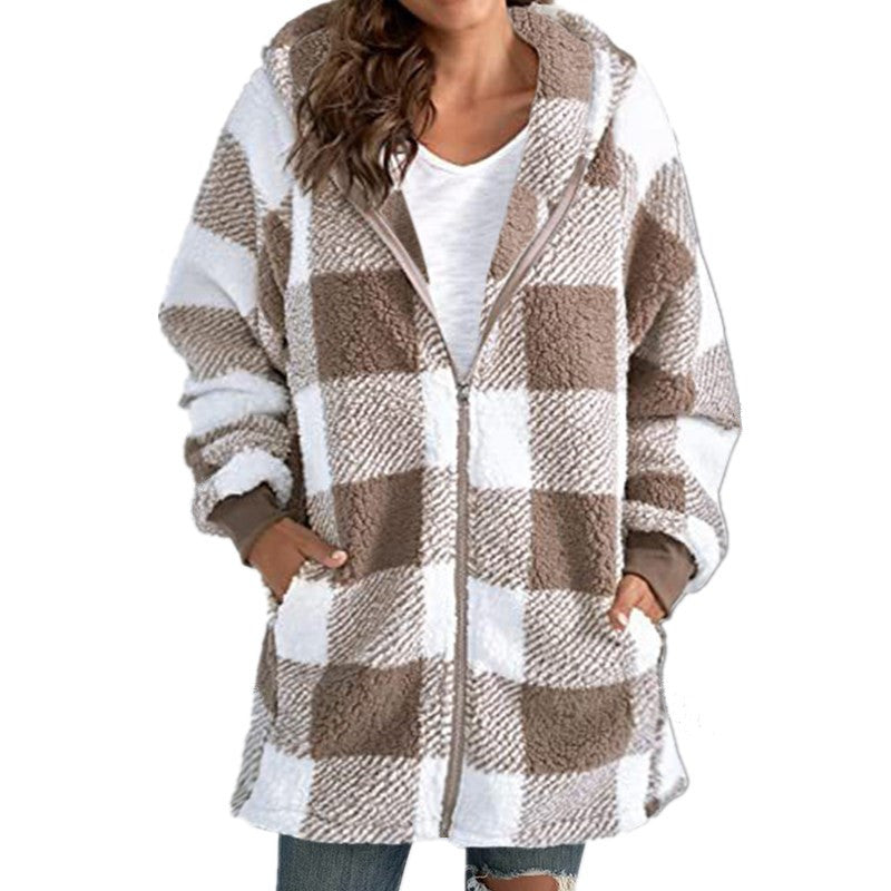Arabella - Plaid Fleece Long Sleeve Hooded Coat – Khaki | The Bellemont Sisters Australia