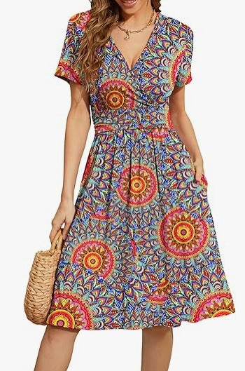 V Neck A Line Mid Calf Dress Women Casual – Multicolor | The Bellemont Sisters Australia