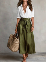 Vera™ | Two-Piece Set: Black Top and Olive Green Midi Skirt – White Green | The Bellemont Sisters Australia