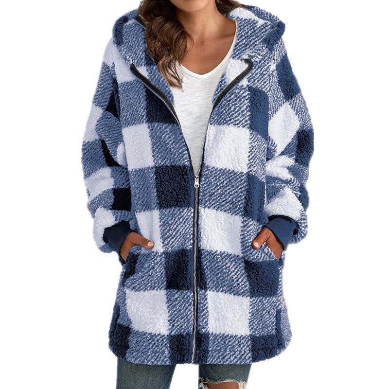 Arabella - Plaid Fleece Long Sleeve Hooded Coat – Blue | The Bellemont Sisters Australia