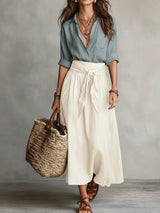 Vera™ | Two-Piece Set: Black Top and Olive Green Midi Skirt – White Gray | The Bellemont Sisters Australia