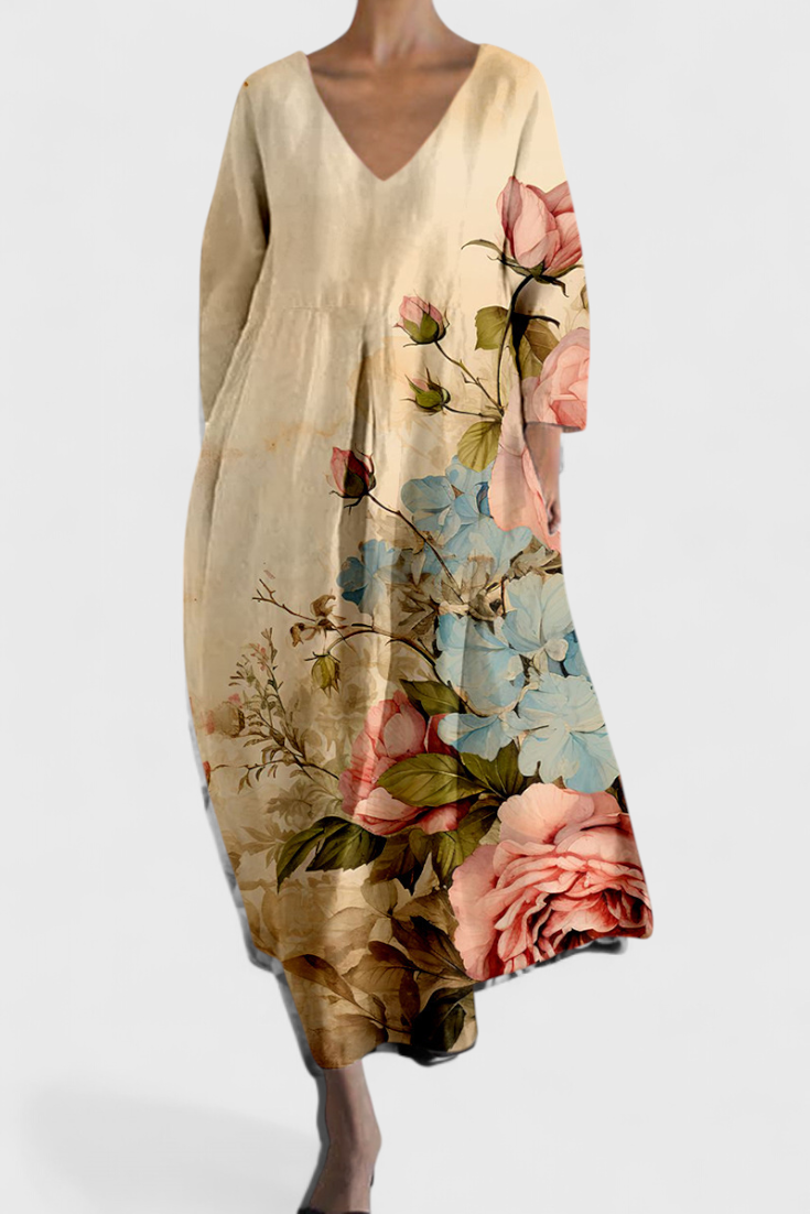 Isalinde | Comfortable V-Neck Dress – Beige | The Bellemont Sisters Australia