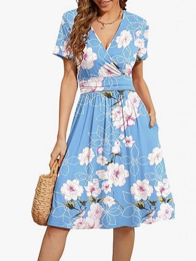 V Neck A Line Mid Calf Dress Women Casual – Blue | The Bellemont Sisters Australia