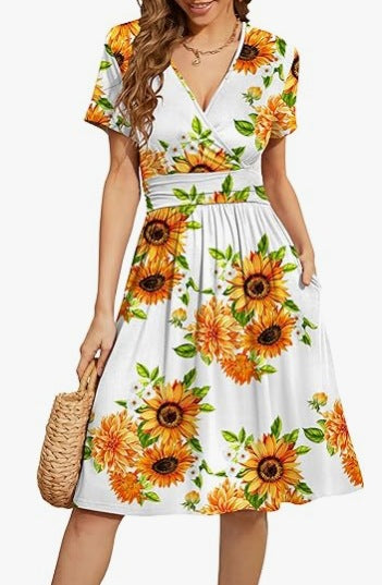V Neck A Line Mid Calf Dress Women Casual – Yellow White | The Bellemont Sisters Australia