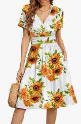 V Neck A Line Mid Calf Dress Women Casual – Yellow White | The Bellemont Sisters Australia