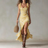 Zara | Bohemian Floral Ruched Maxi Dress with Side Slit – Lemon Yellow | The Bellemont Sisters Australia