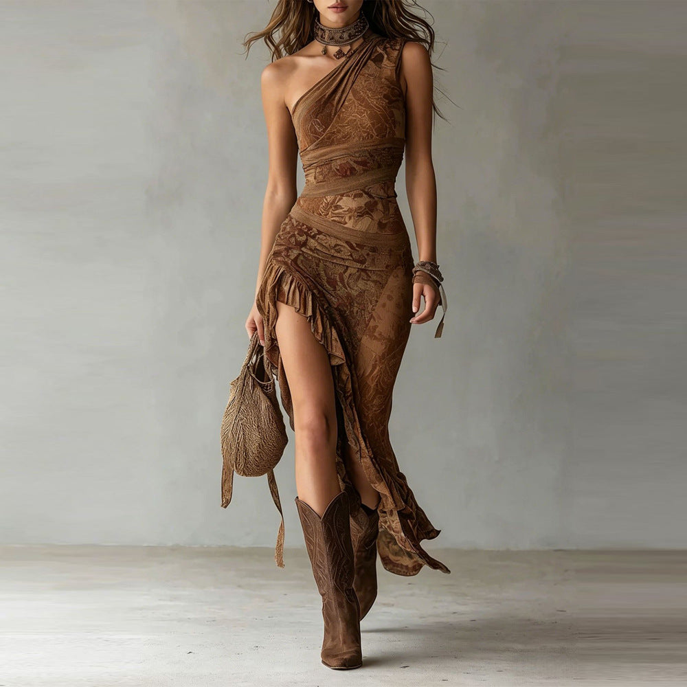Elena | Bold One-Shoulder Printed Maxi Dress with Ruffled Slit – Brown | The Bellemont Sisters Australia