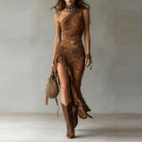 Elena | Bold One-Shoulder Printed Maxi Dress with Ruffled Slit – Brown | The Bellemont Sisters Australia