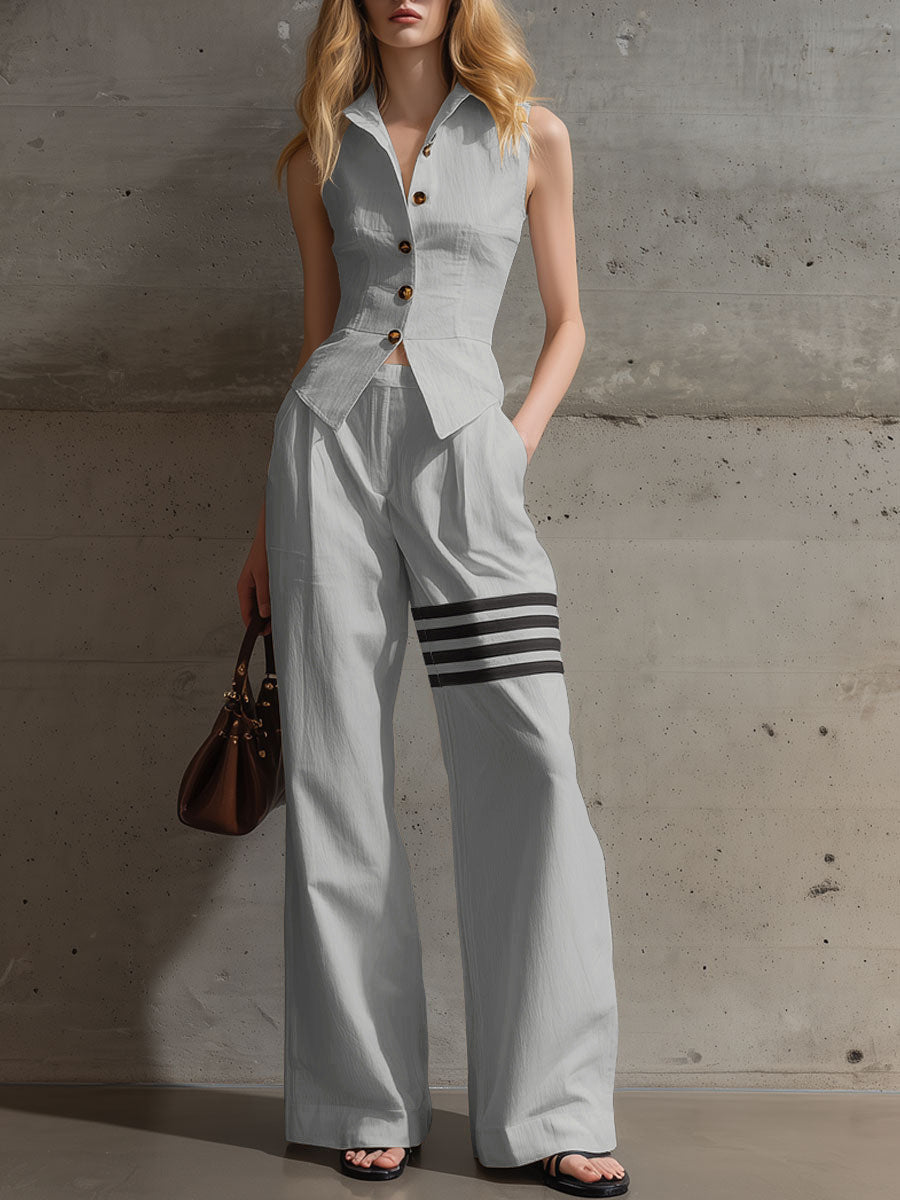 Eli | Vest & Contrast Stripe Wide Leg Pants 2Pcs Set – Bright Gray | The Bellemont Sisters Australia