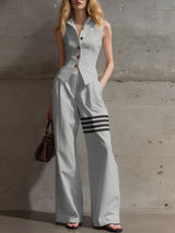 Eli | Vest & Contrast Stripe Wide Leg Pants 2Pcs Set – Bright Gray | The Bellemont Sisters Australia