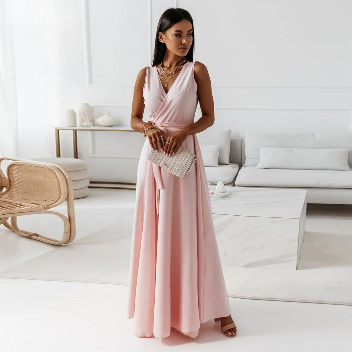 Hailey | Women Wedding Guest Elegant Wrap Maxi Dress – Pale Pink | The Bellemont Sisters Australia